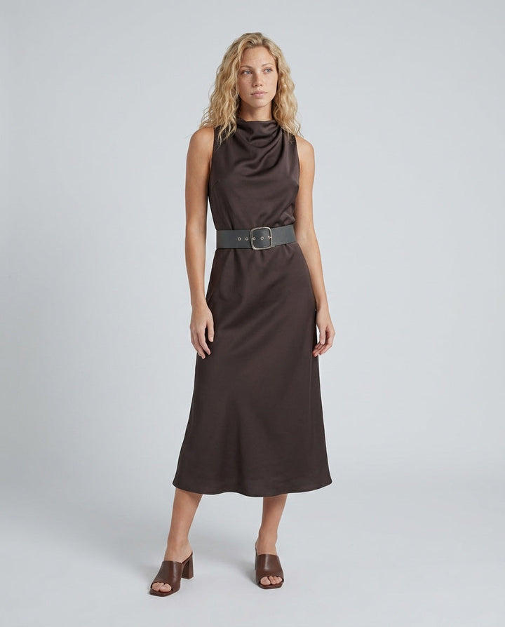 Elara | Glossy Cowl Neck Satin-Look Midi Dress