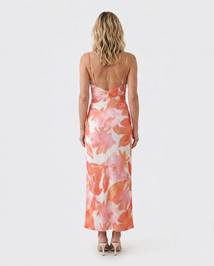 Leona | Spaghetti Strap Lace-Up Abstract Print Maxi Dress