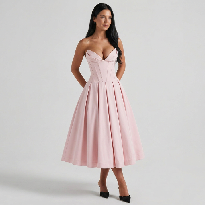 Ainsley | Strapless Corset Sweetheart Midi Dress