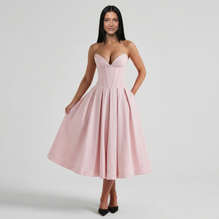 Ainsley | Strapless Corset Sweetheart Midi Dress