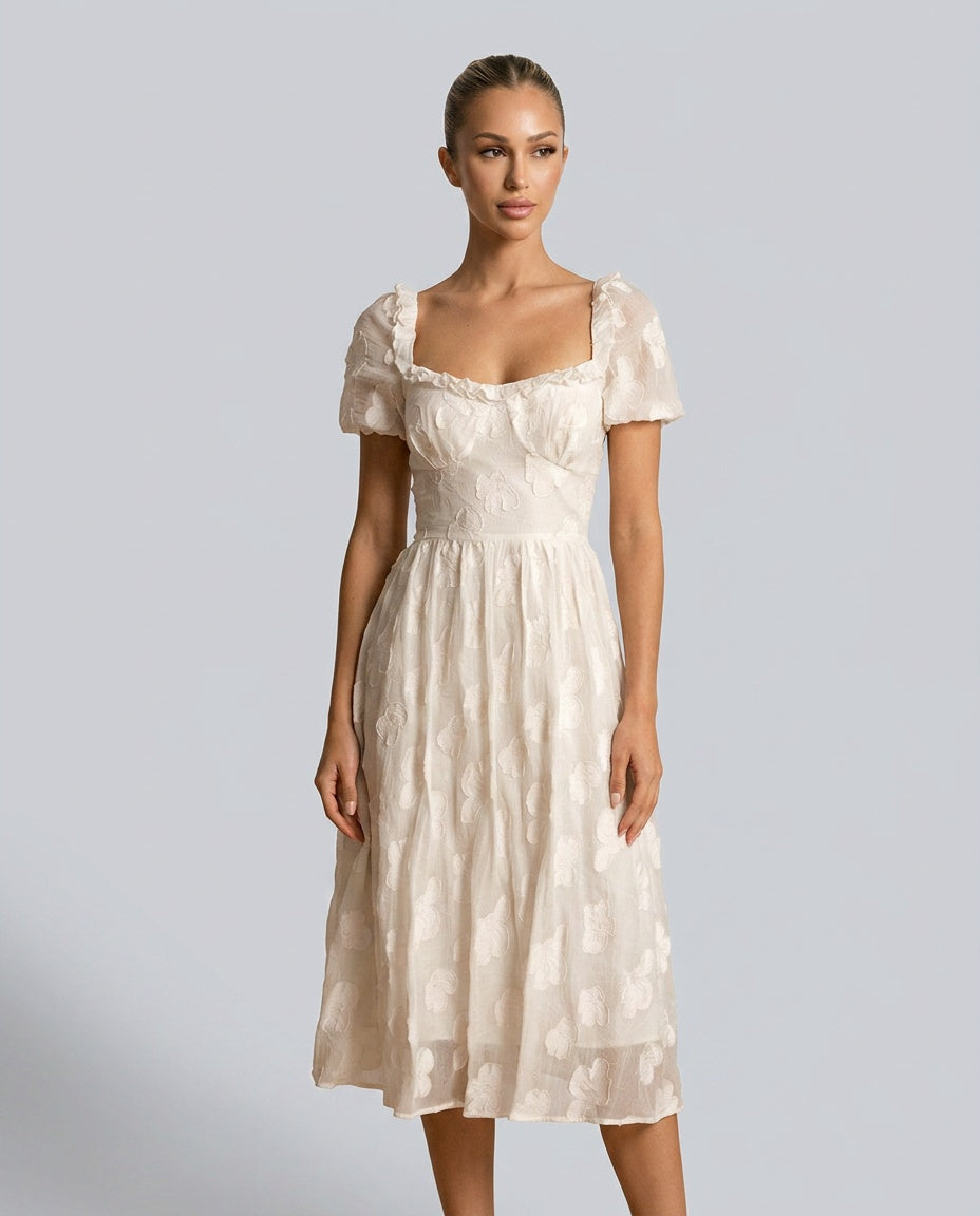 Darya | Puffed Sleeve Square Neck Midi Dress