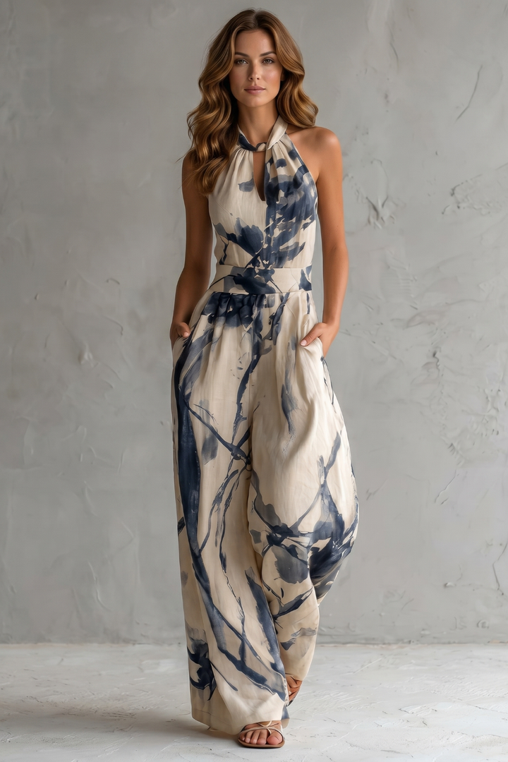 Marivane | Artistic Ink Print Wide-Leg Jumpsuit