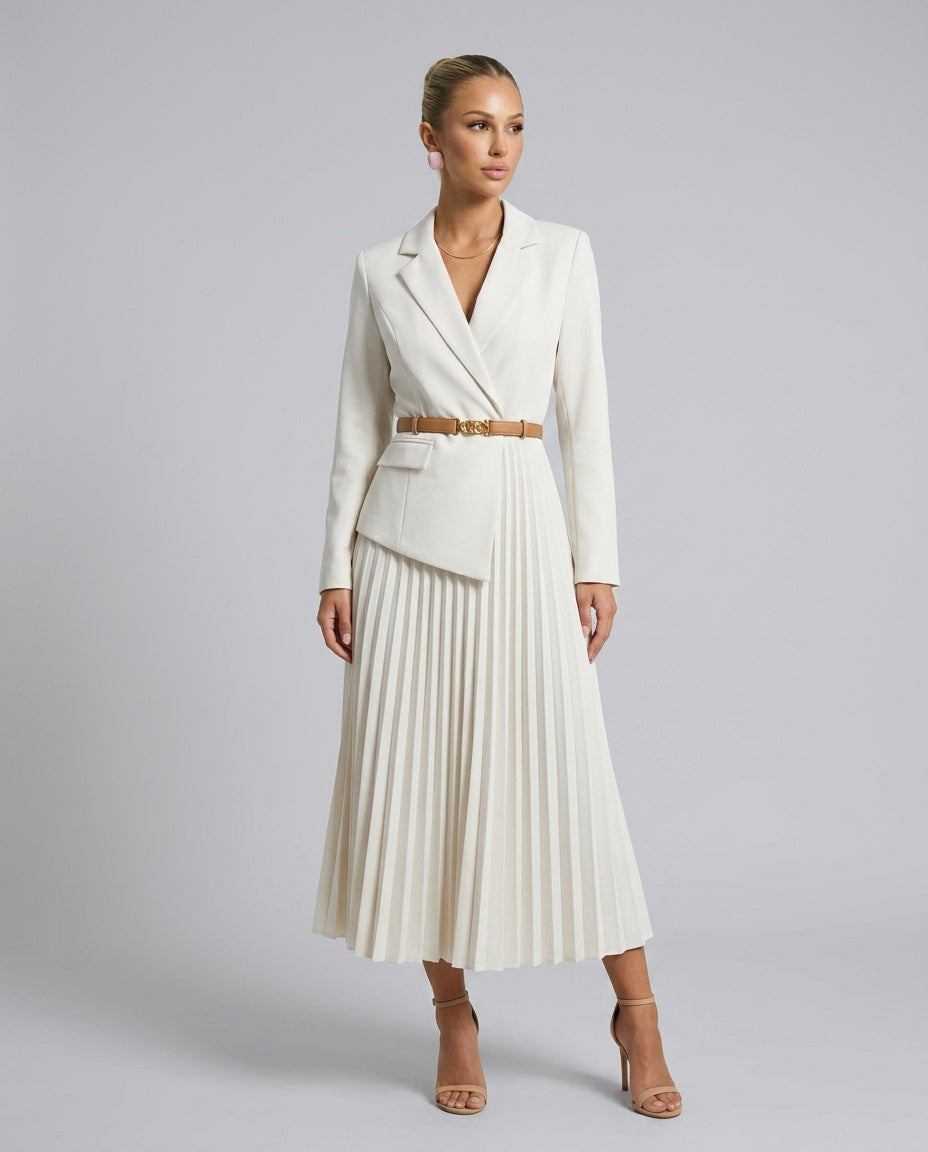 Cleona | Pleated Skirt Blazer-Style Midi Dress