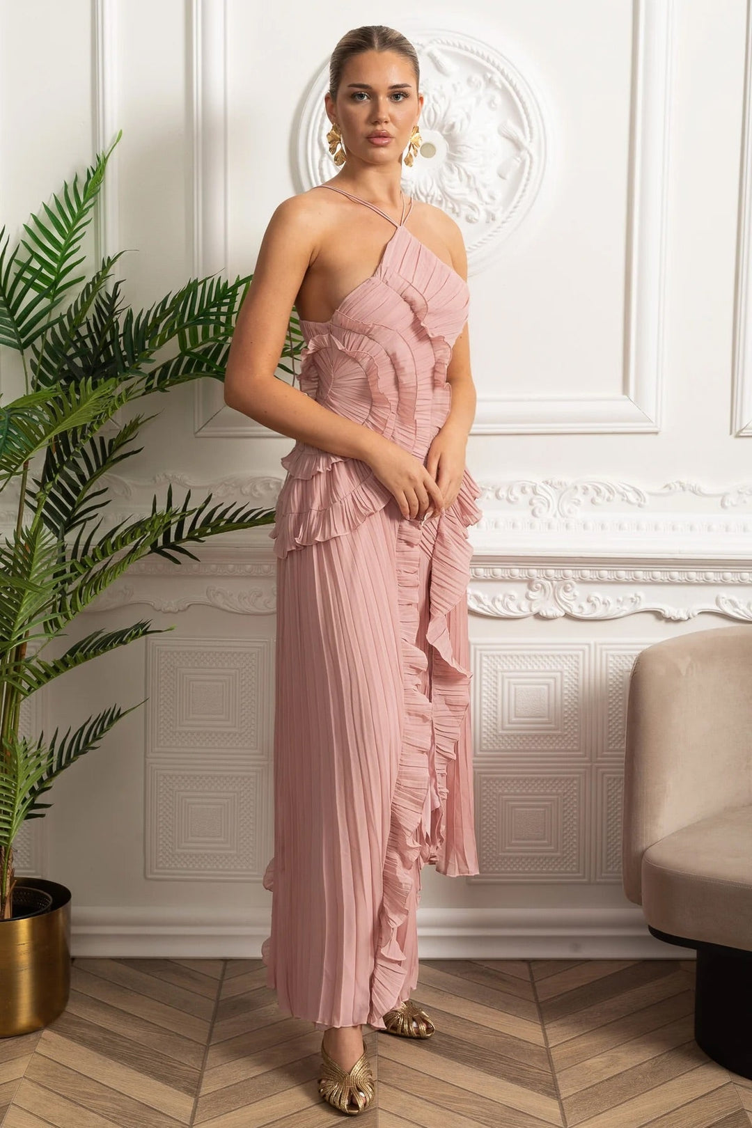 Opal | Pleated Halter Cascading Ruffle Midi Dress