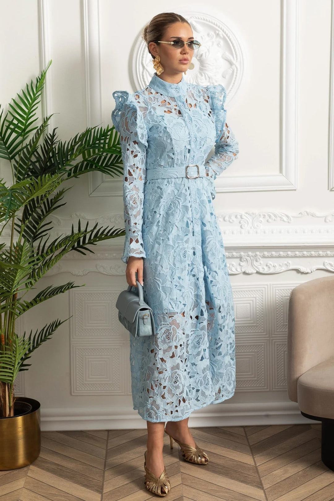 Saskia | Ruffled Shoulder Floral Lace Midi Dress