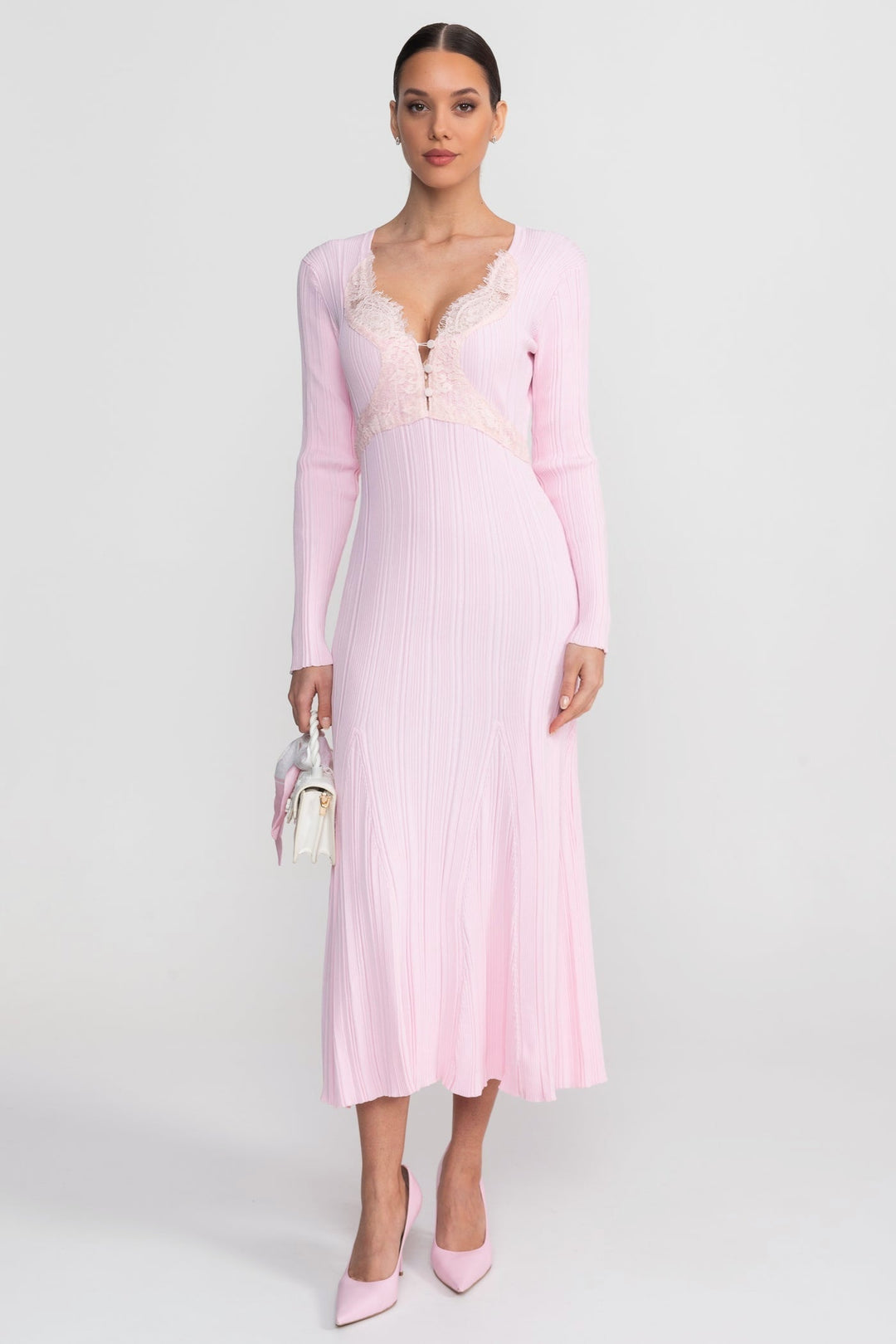 Nina | Ribbed Lace-Trim Long Sleeve Midi Dress
