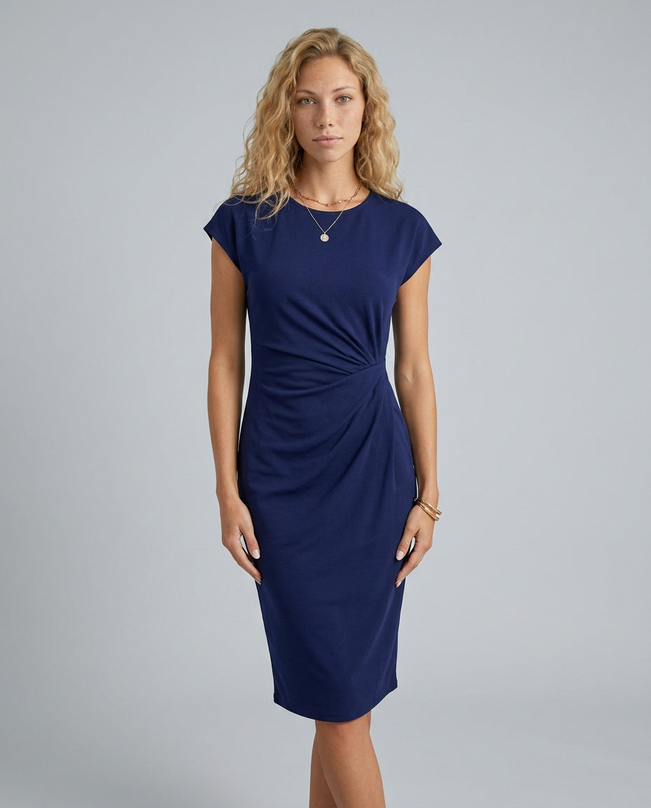 Valentina | Ruched Waist Round Neck Midi Dress