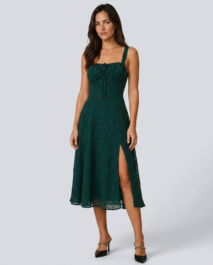 Imelda | Square Neck Jacquard Slit Midi Dress