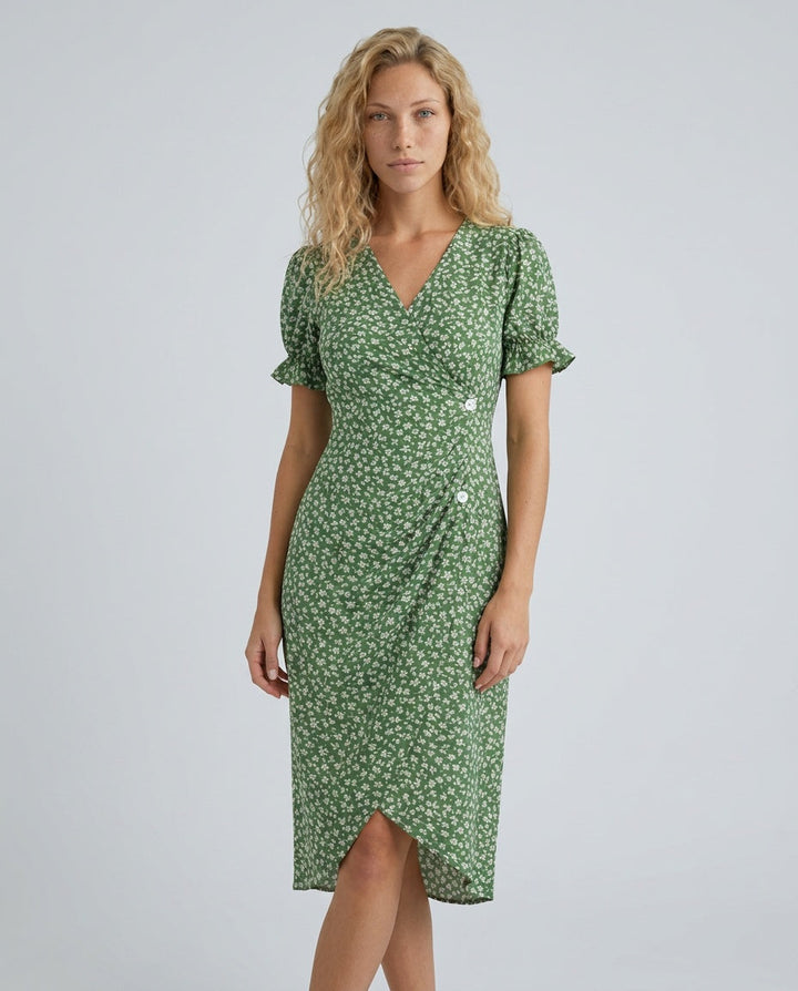 Nina | Floral Ruffle Sleeve Midi Wrap Dress