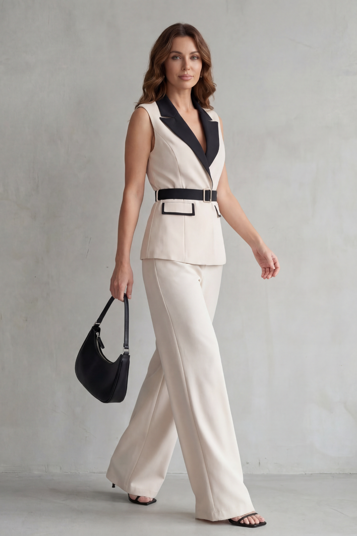 Bellavive | Two-Tone Lapel Sleeveless Trouser Suit