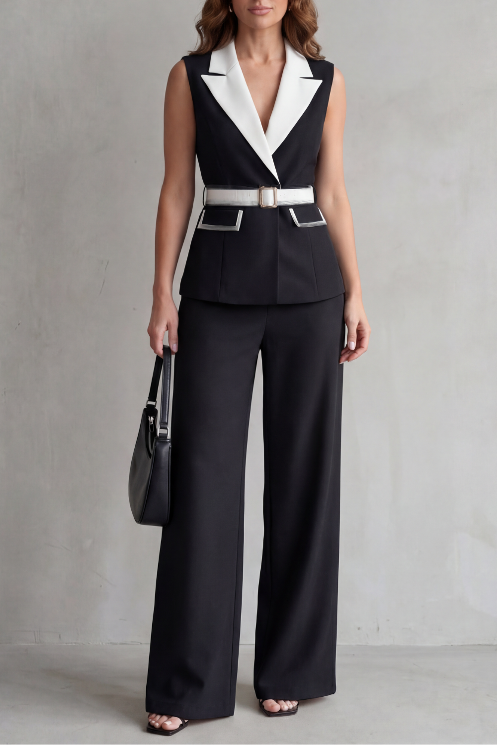 Bellavive | Two-Tone Lapel Sleeveless Trouser Suit