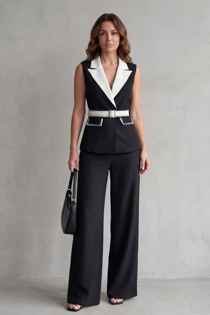 Bellavive | Two-Tone Lapel Sleeveless Trouser Suit