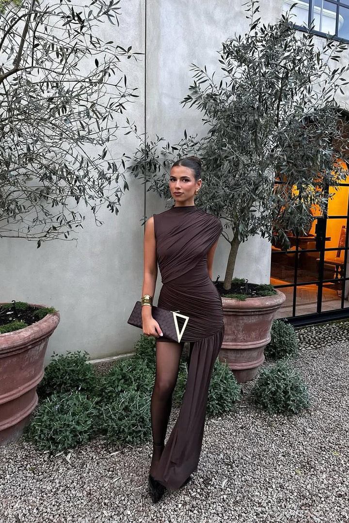 Celeste | Asymmetric Ruched Mini in Chocolate Brown