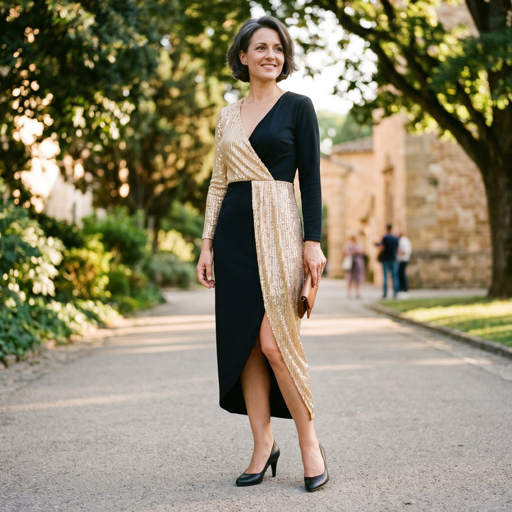 Stellara | High-Neck Sequin Midi Dress