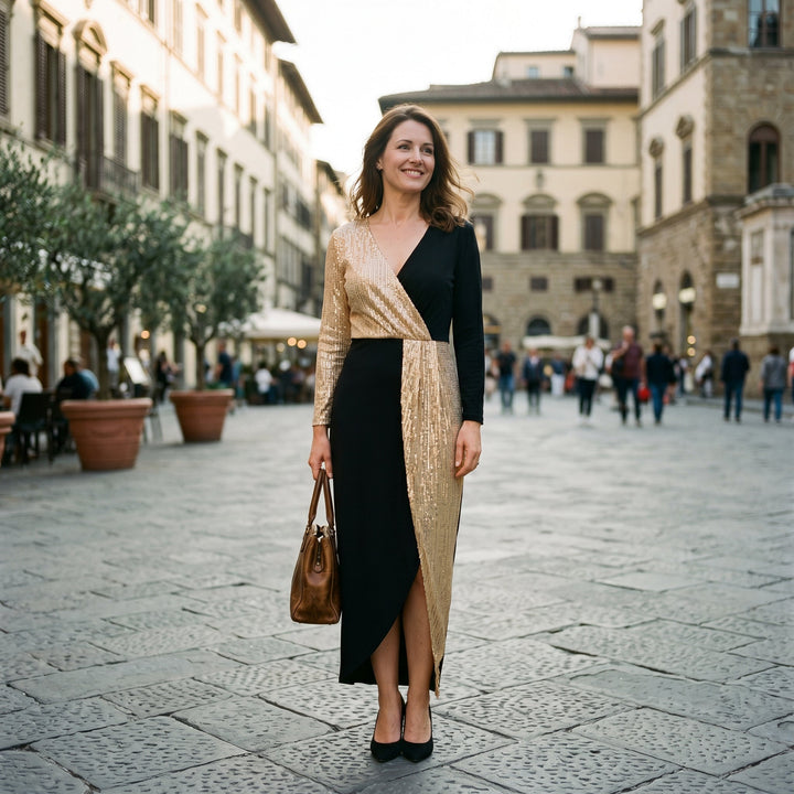 Stellara | High-Neck Sequin Midi Dress