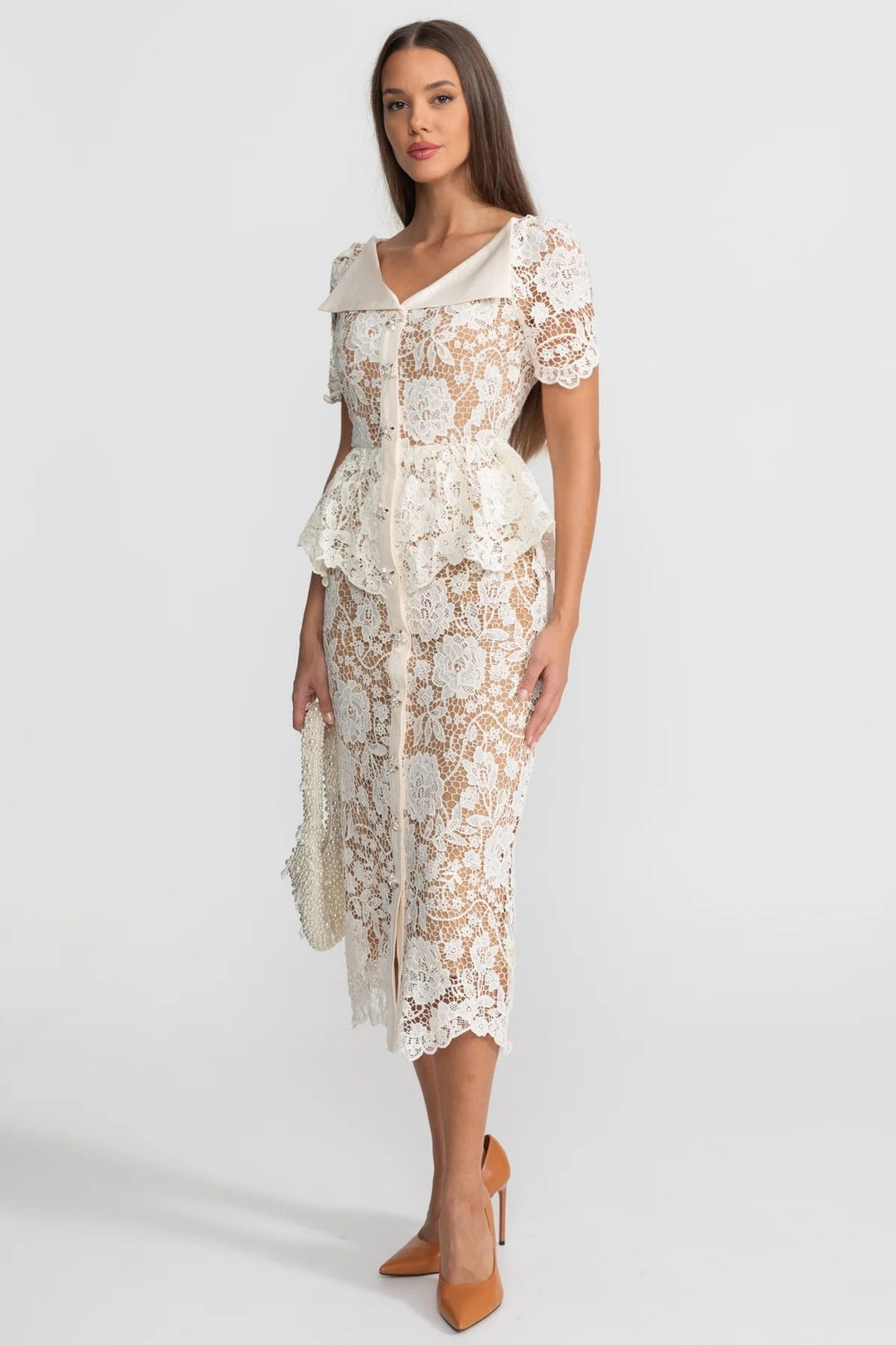 Colette | Lace Peplum Satin Collar Midi Dress