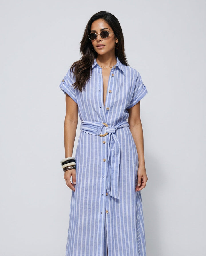 Willa | Striped Linen-Blend Belted Maxi Dress