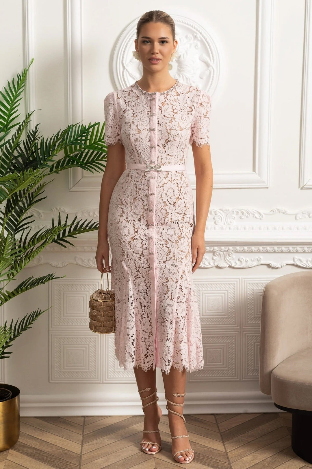 Bianca | Floral Lace Button-Front Midi Dress