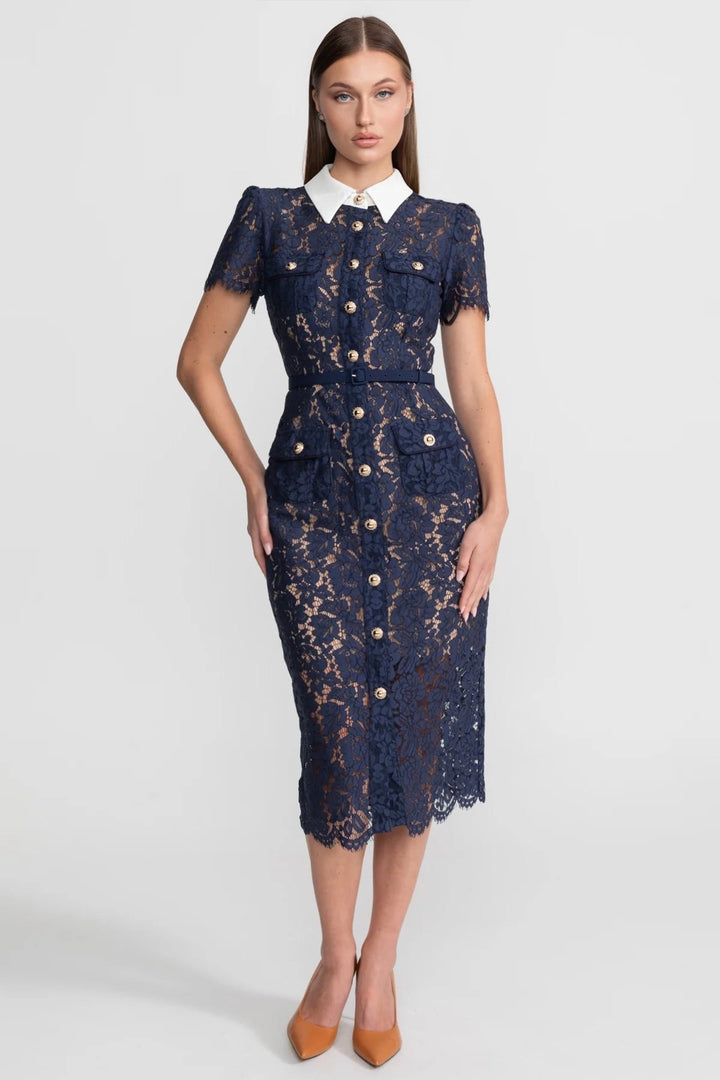 Cleo | Floral Lace Belted Midi Dress