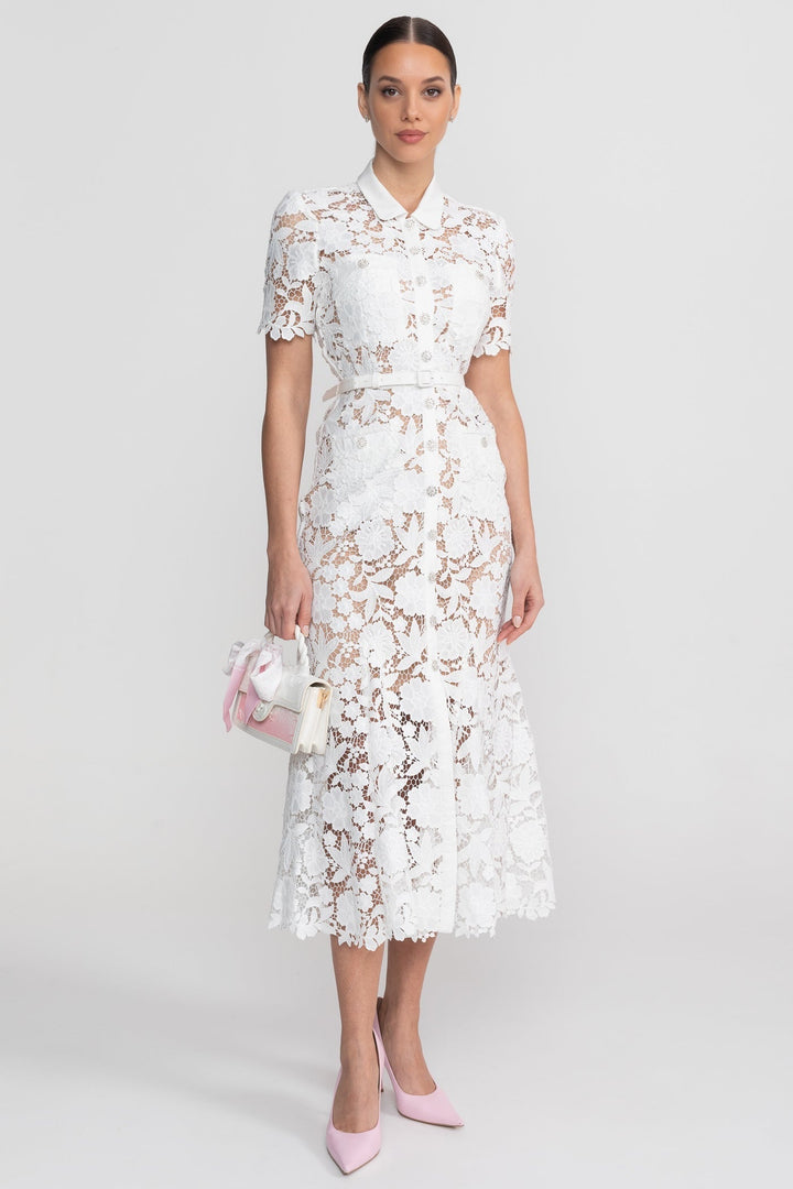 Faye | Lace Short Sleeve Belted Midi Dress