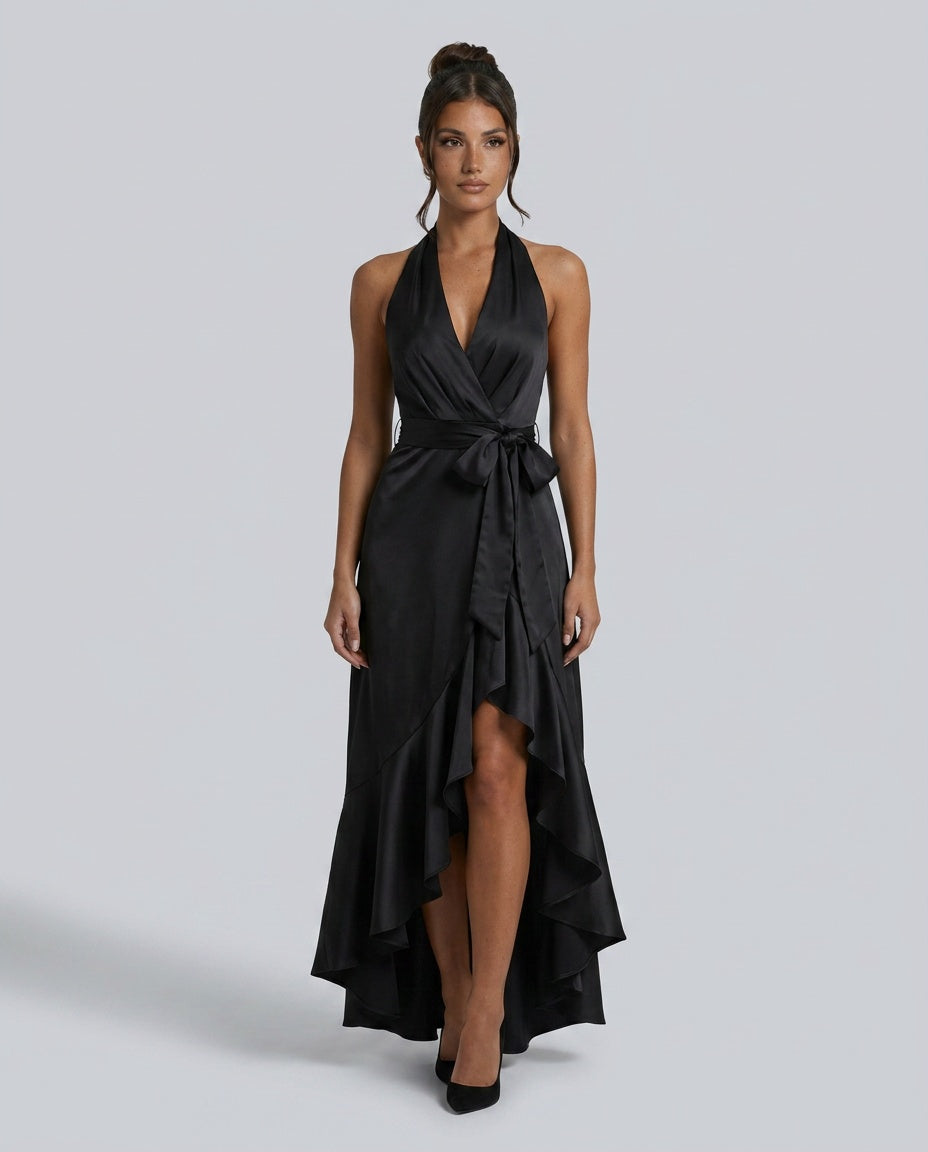 Velara | Off-Shoulder V-Neck Satin Maxi Dress