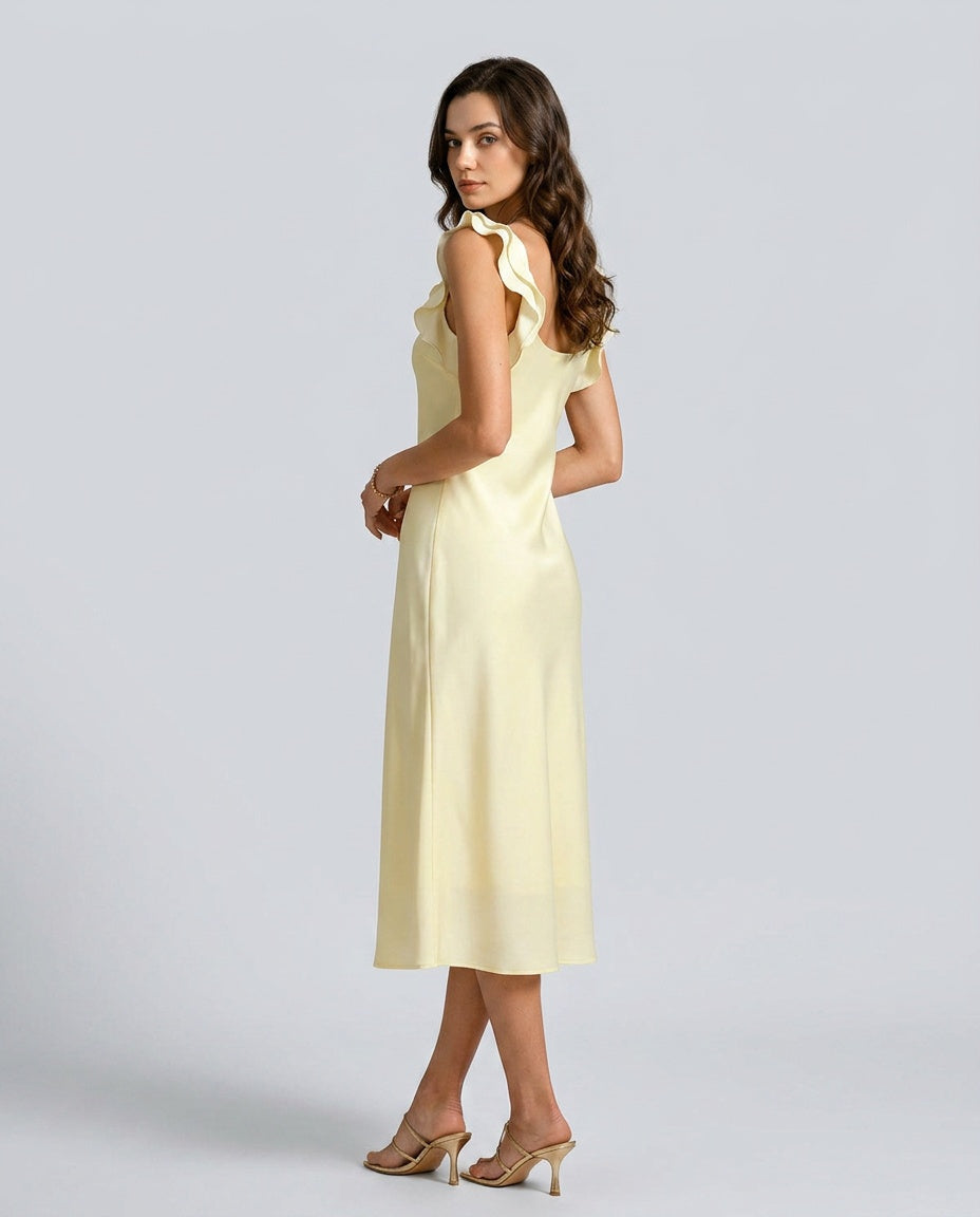 Nadia | Square Neck Ruffle Satin Midi Dress