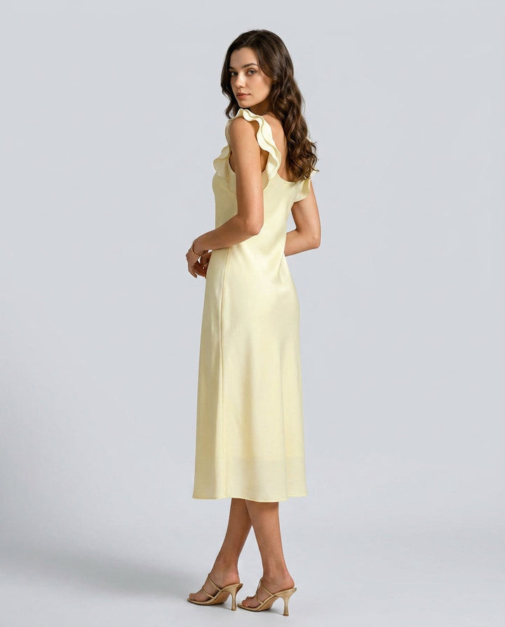 Nadia | Square Neck Ruffle Satin Midi Dress