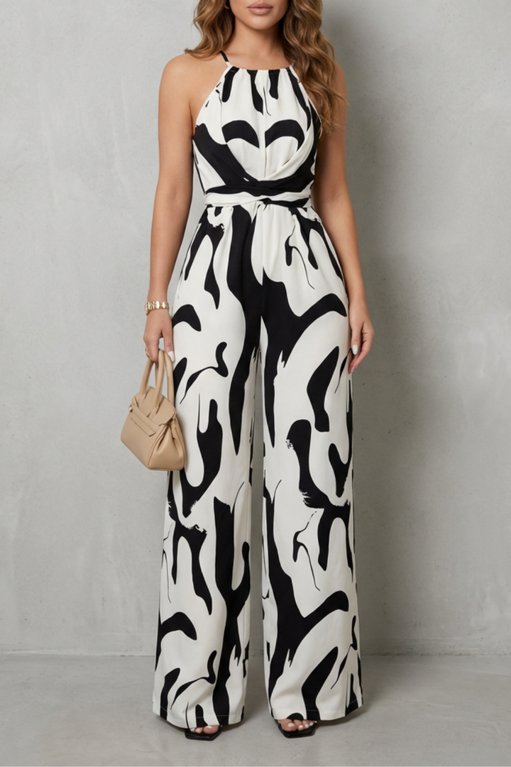 Calivana | Abstract Print Halter Wide-Leg Jumpsuit