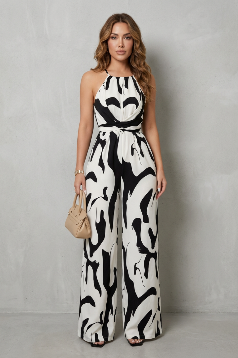Calivana | Abstract Print Halter Wide-Leg Jumpsuit