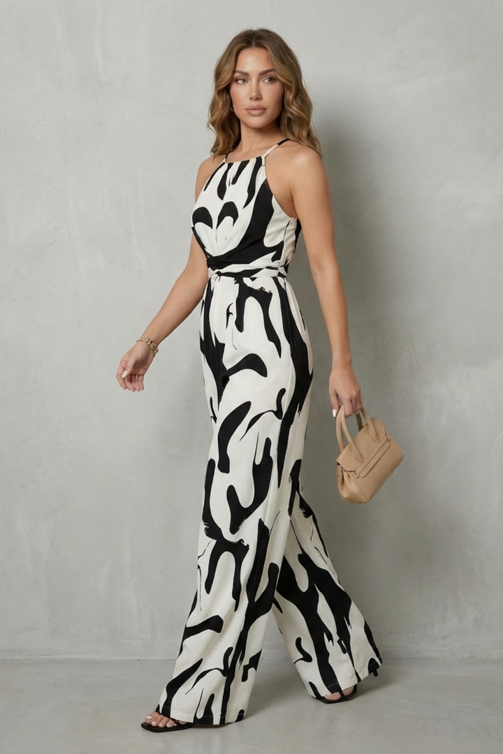 Calivana | Abstract Print Halter Wide-Leg Jumpsuit