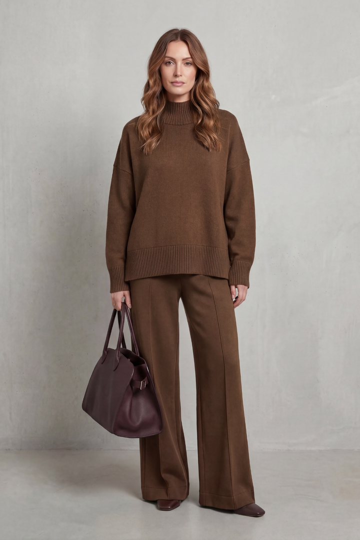 Casavella | Funnel Neck Wide-Leg Knit Lounge Set