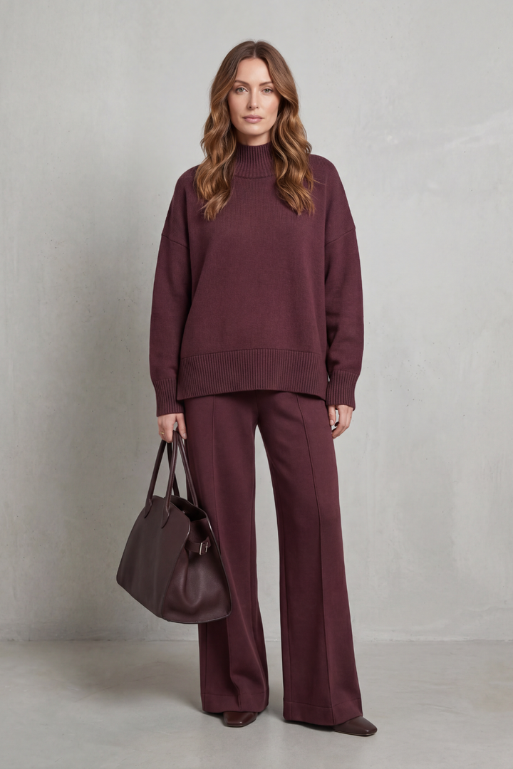 Casavella | Funnel Neck Wide-Leg Knit Lounge Set
