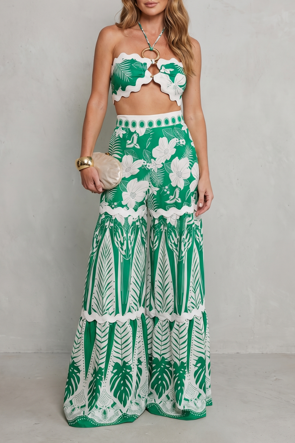 Cora | Tropical Print Halter Crop Top &amp; Wide-Leg Trouser Set