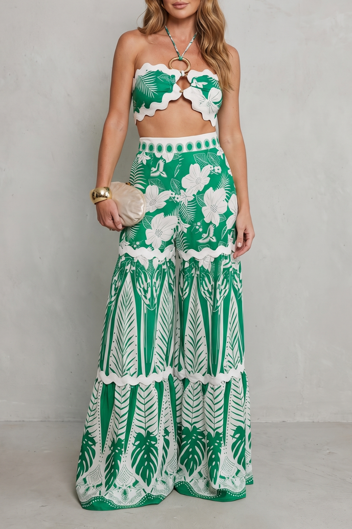 Cora | Tropical Print Halter Crop Top &amp; Wide-Leg Trouser Set
