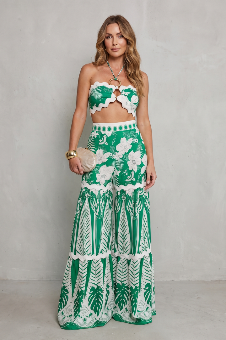 Cora | Tropical Print Halter Crop Top &amp; Wide-Leg Trouser Set