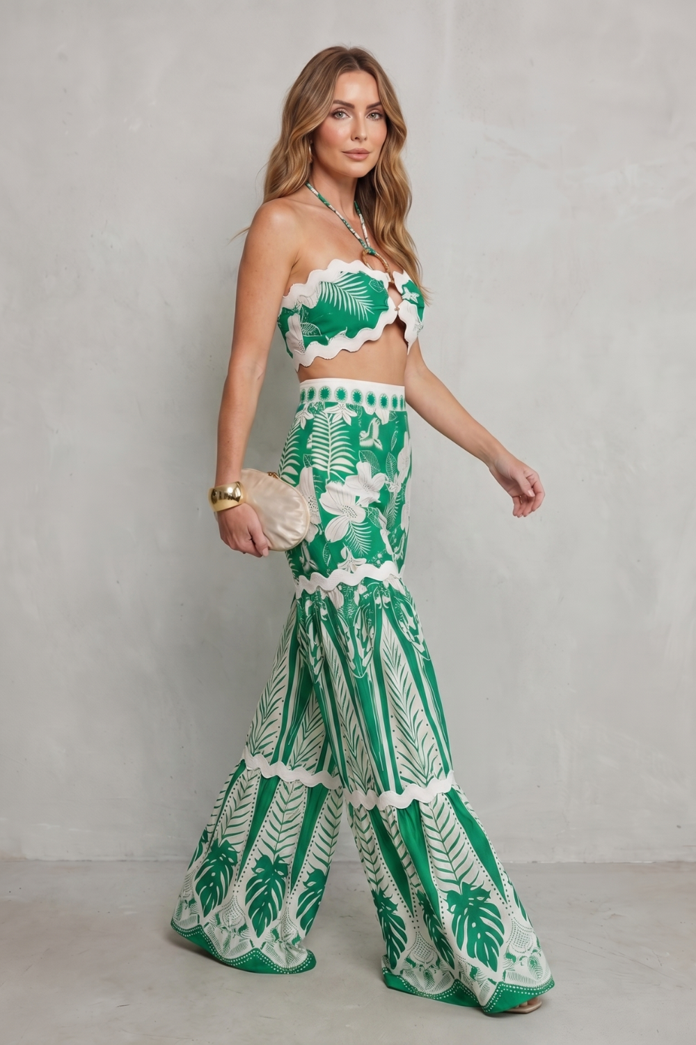 Cora | Tropical Print Halter Crop Top &amp; Wide-Leg Trouser Set