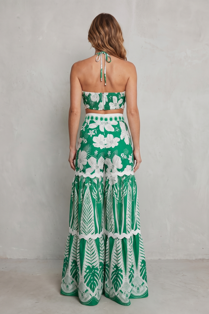 Cora | Tropical Print Halter Crop Top &amp; Wide-Leg Trouser Set
