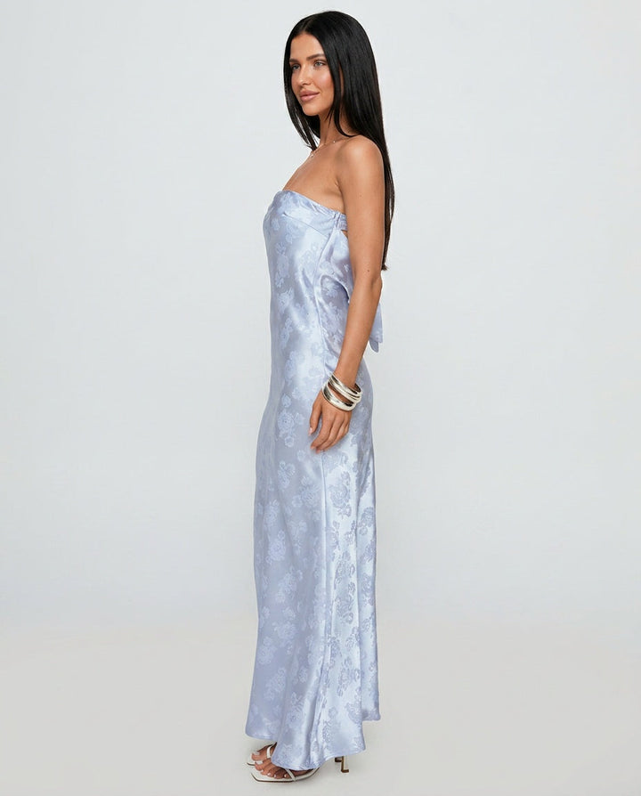 Haley | Blue Jacquard Wedding Guest Maxi Dress