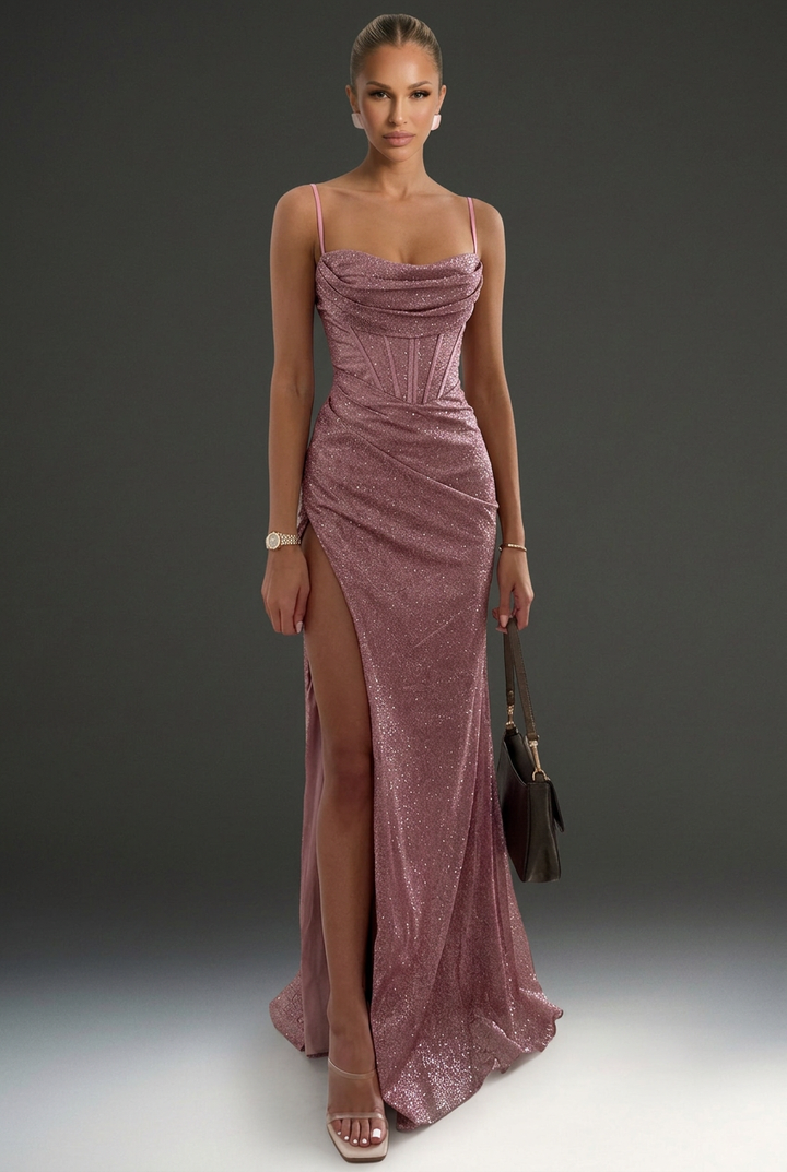 Celaine | Rhinestone Mesh Corset Ruched High Slit Maxi Dress
