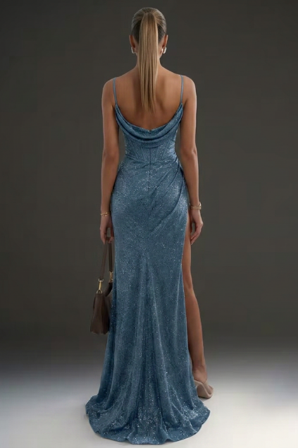 Celaine | Rhinestone Mesh Corset Ruched High Slit Maxi Dress