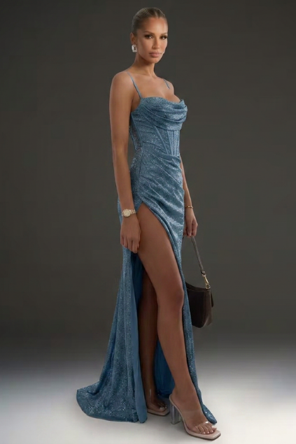 Celaine | Rhinestone Mesh Corset Ruched High Slit Maxi Dress