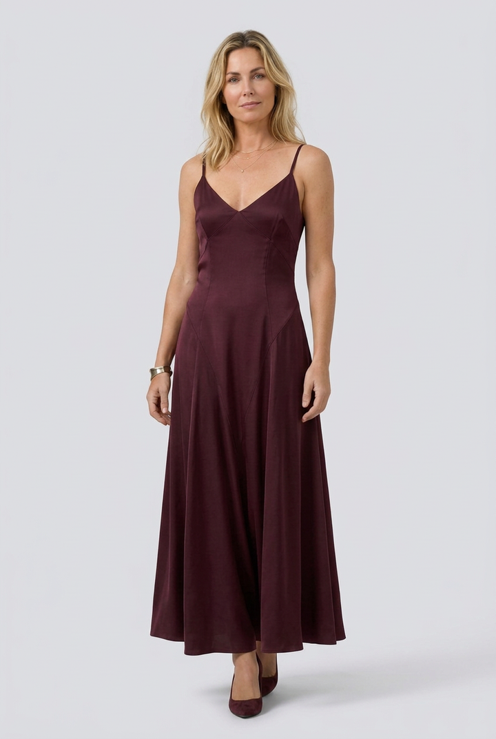 Celeste | Spaghetti Strap Satin V-Neck A-Line Maxi Dress