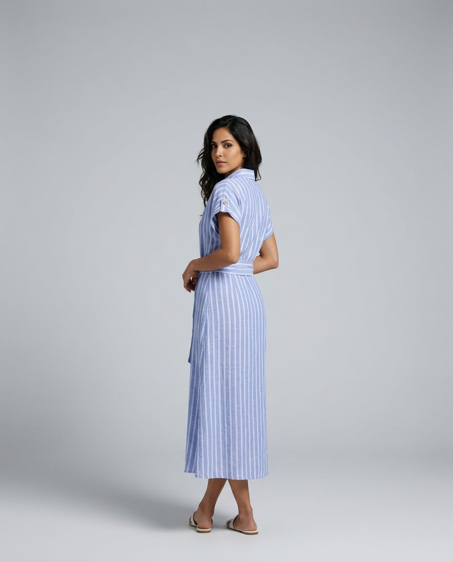 Willa | Striped Linen-Blend Belted Maxi Dress