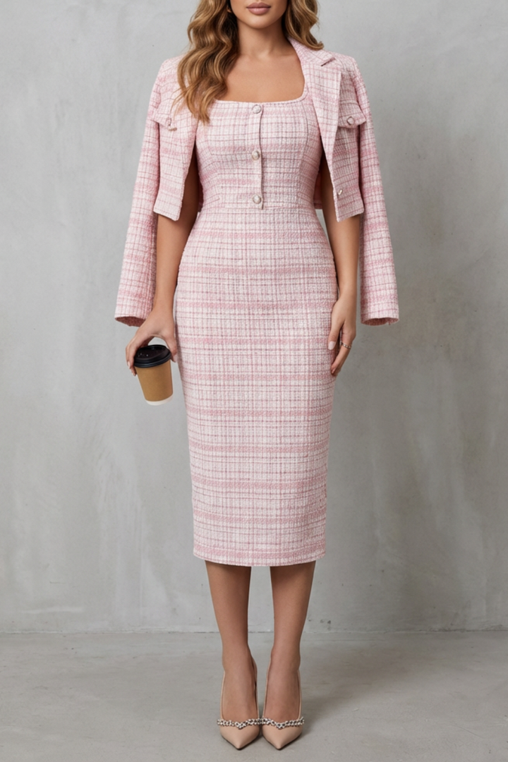 Bellaisie | Plaid Cropped Blazer &amp; Fitted Midi Dress Two-Piece Set