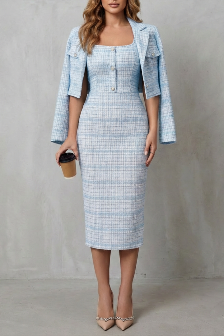 Bellaisie | Plaid Cropped Blazer &amp; Fitted Midi Dress Two-Piece Set