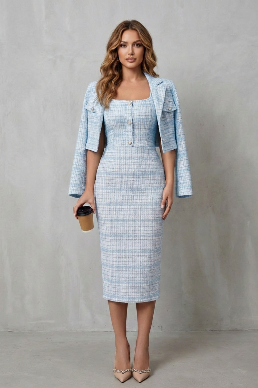 Bellaisie | Plaid Cropped Blazer &amp; Fitted Midi Dress Two-Piece Set