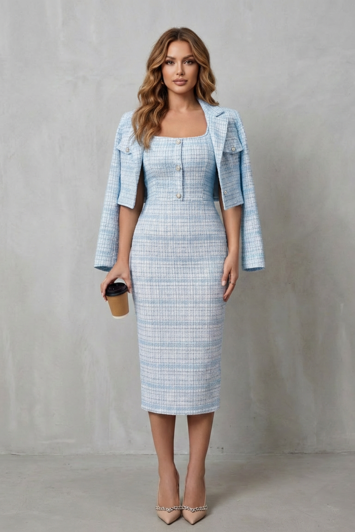 Bellaisie | Plaid Cropped Blazer &amp; Fitted Midi Dress Two-Piece Set