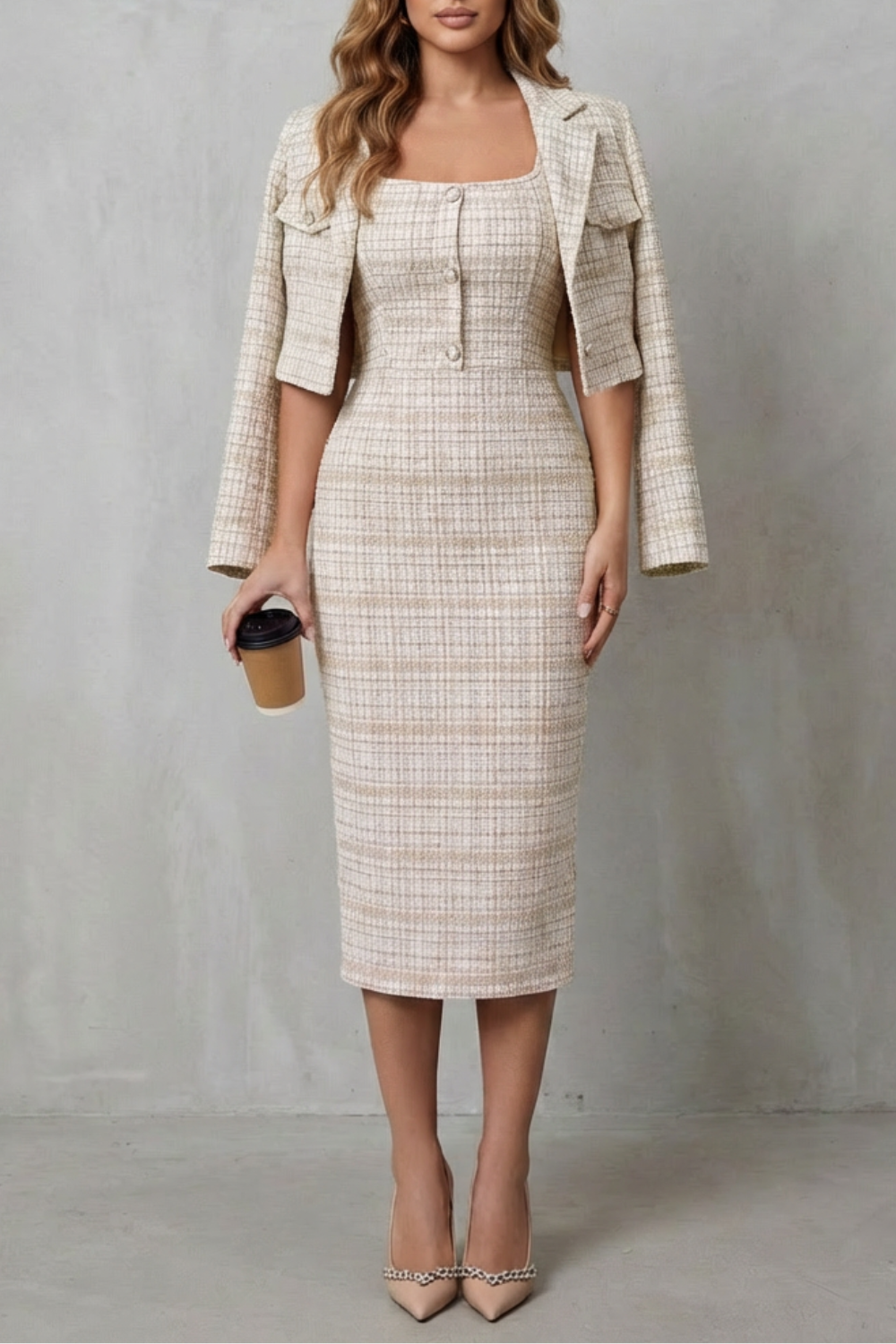 Bellaisie | Plaid Cropped Blazer &amp; Fitted Midi Dress Two-Piece Set