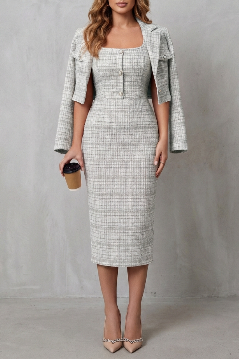 Bellaisie | Plaid Cropped Blazer &amp; Fitted Midi Dress Two-Piece Set