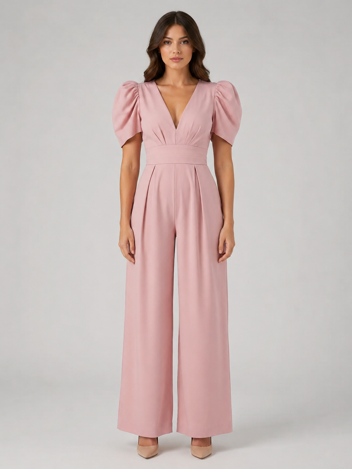Wren | Puff Sleeve Open-Back Wide-Leg Jumpsuit